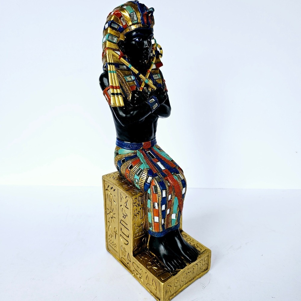Vintage Egyptian King Tut Pharaoh Seated Statue Hieroglyphics Mosaic Decor 11.5" - Picture 2 of 9